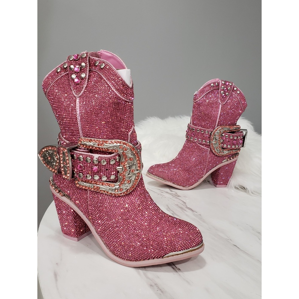 Dolls Kill Club Exx Limited Edition Pink Sheriff Shine Cowboy Bling Boots 5